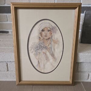 Vintage Cross Stitch Sara Moon Lilac Flower Complete Framed